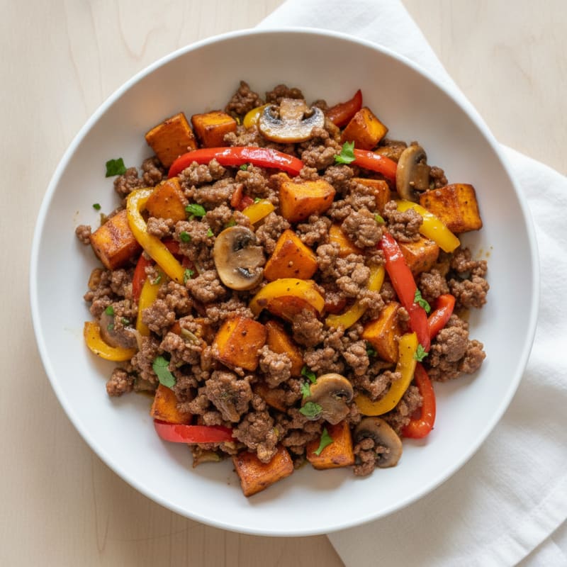 Lean Beef Mince Stir Fry with Sweet Potato and Peppers