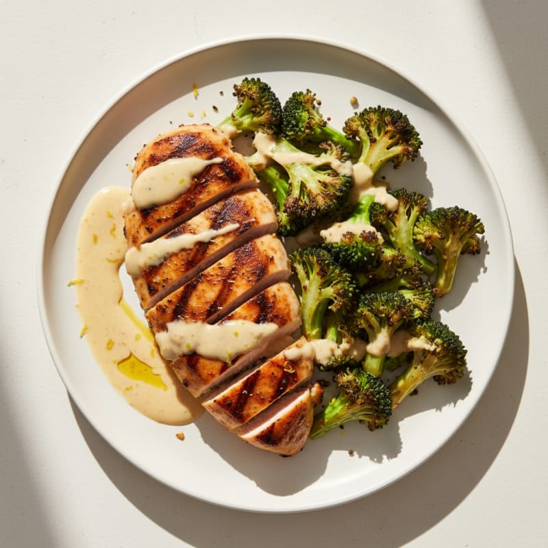 Grilled Chicken Breast with Roasted Broccoli and Lemon-Tahini Drizzle