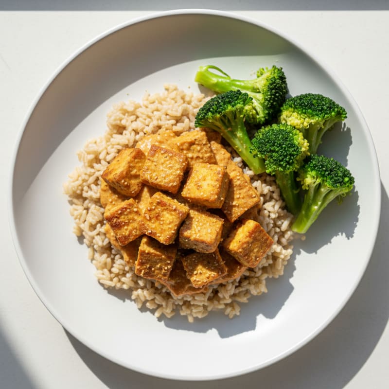 Silky Tempeh Curry with Brown Rice and Steamed Broccoli