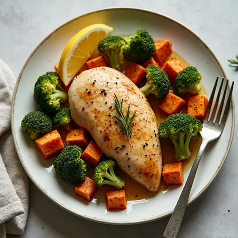 Sheet Pan Lemon-Herb Roasted Chicken with Crispy Broccoli and Sweet Potatoes