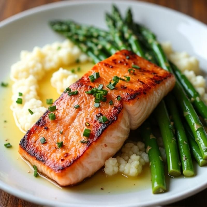 Seared Salmon with Steamed Asparagus and Garlic Mashed Cauliflower