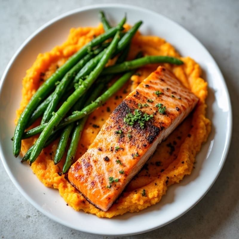 Seared Salmon with Garlic Green Beans and Sweet Potato Mash