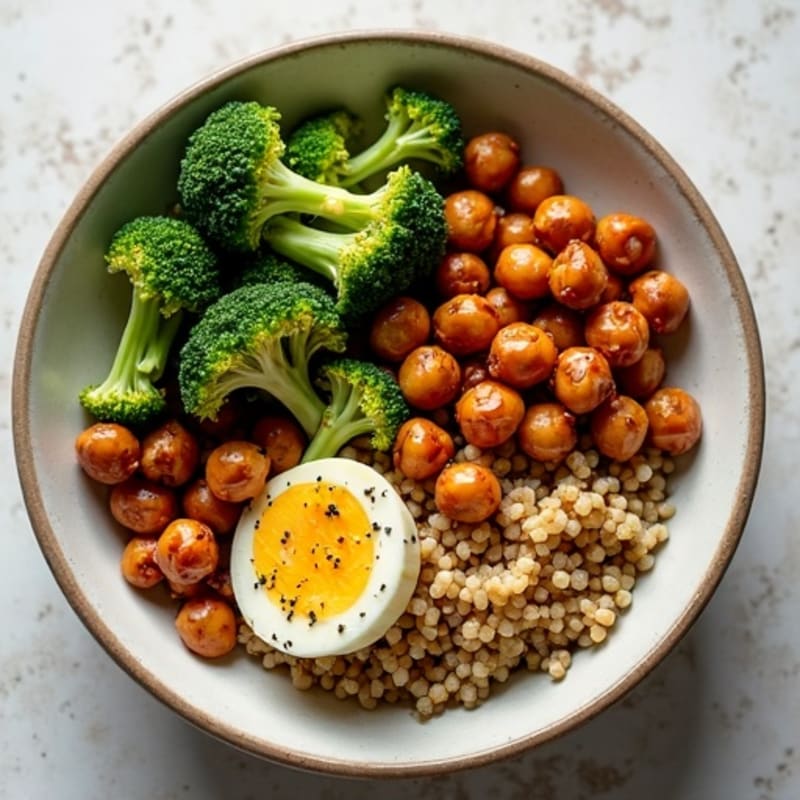 Crispy Balsamic Roasted Chickpeas with Roasted Broccoli and Quinoa