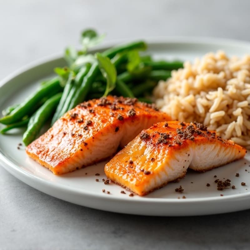 Seared Salmon Fillet with Steamed Green Beans and Brown Rice