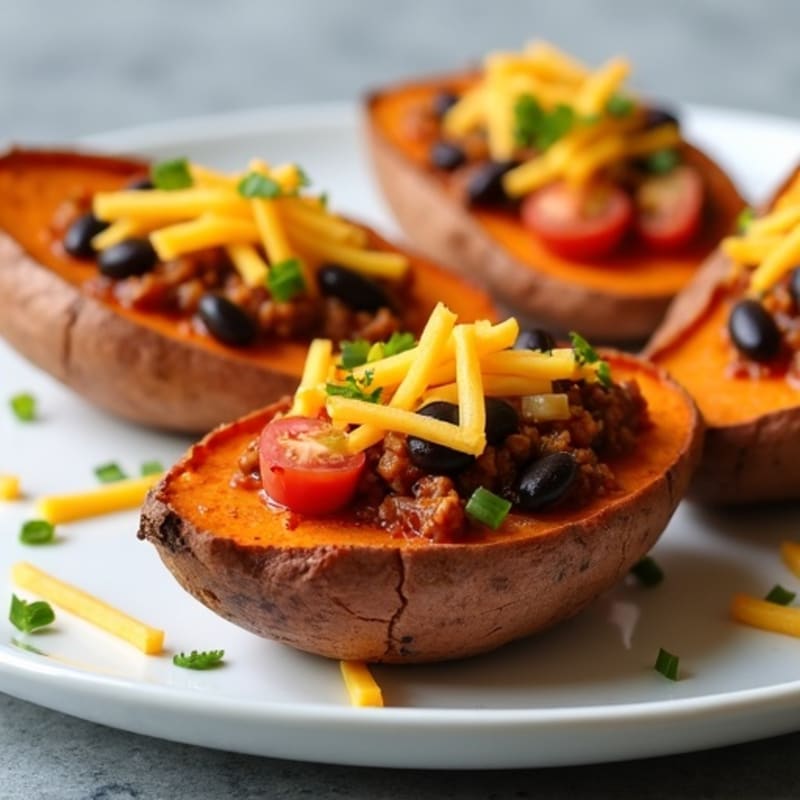 Crispy Sweet Potato Skins with Lean Chili and Sharp Cheddar