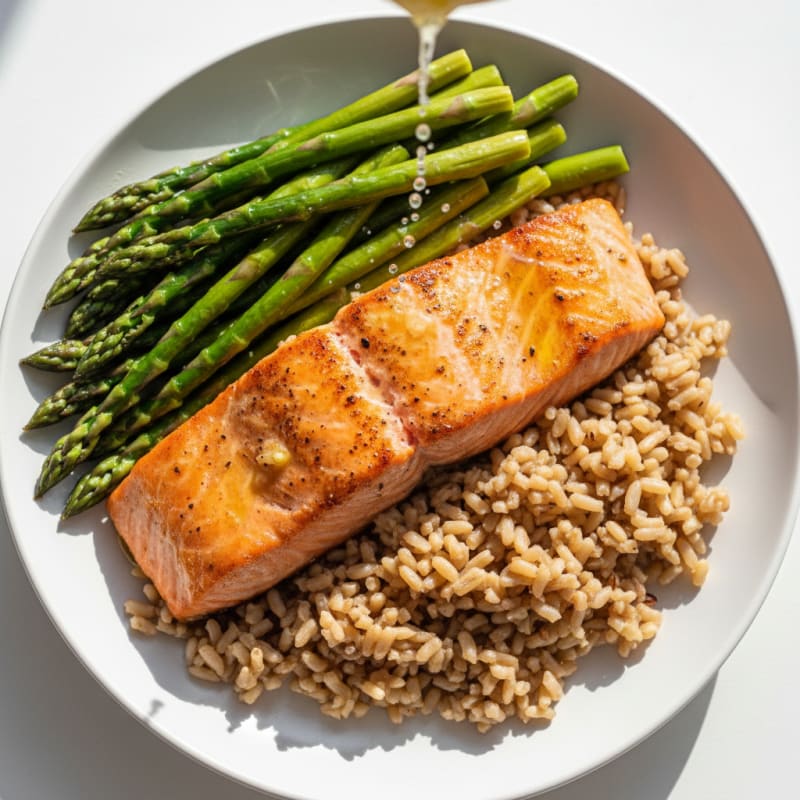Seared Salmon with Steamed Asparagus and Brown Rice