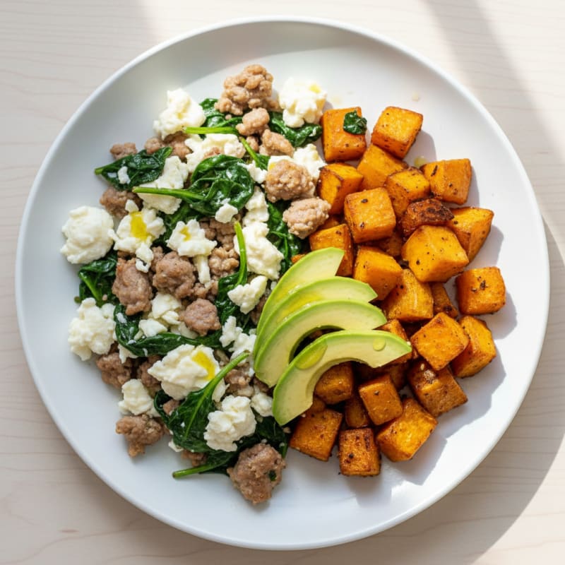 Egg White and Turkey Sausage Scramble with Spinach and Roasted Sweet Potato