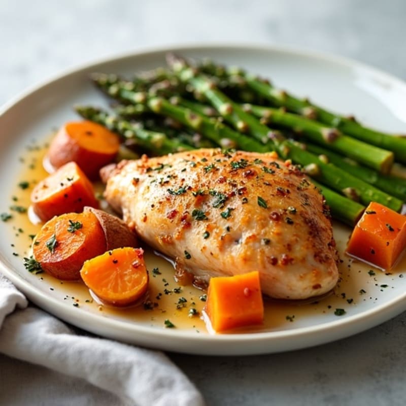 Crispy Lemon Herb Roasted Chicken with Roasted Asparagus and Sweet Potatoes
