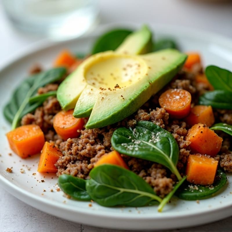 Savory Ground Turkey and Sweet Potato Hash with Fresh Spinach, Avocado, and Parmesan