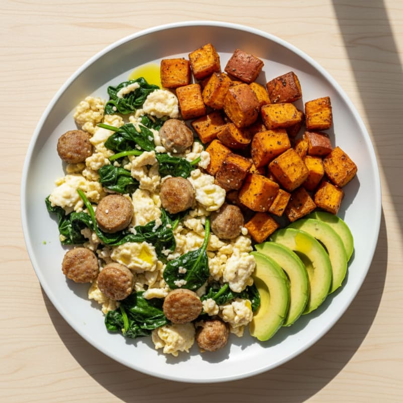 Egg White Scramble with Turkey Sausage and Sautéed Spinach