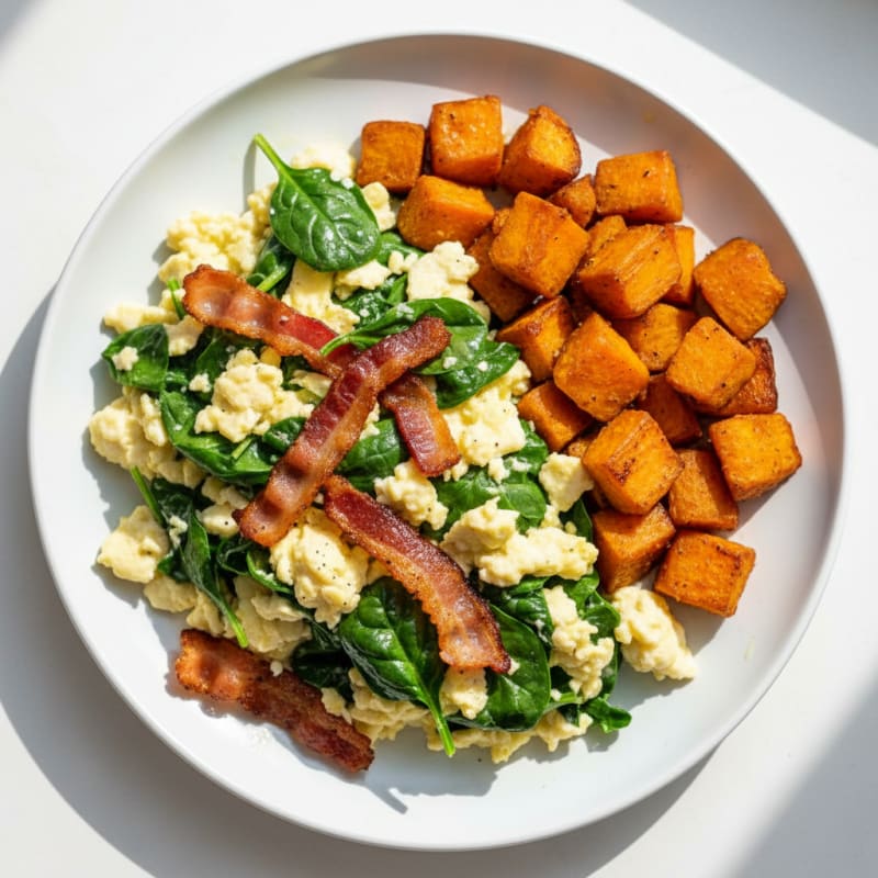 Crispy Turkey Bacon Egg White Scramble with Spinach and Roasted Sweet Potato