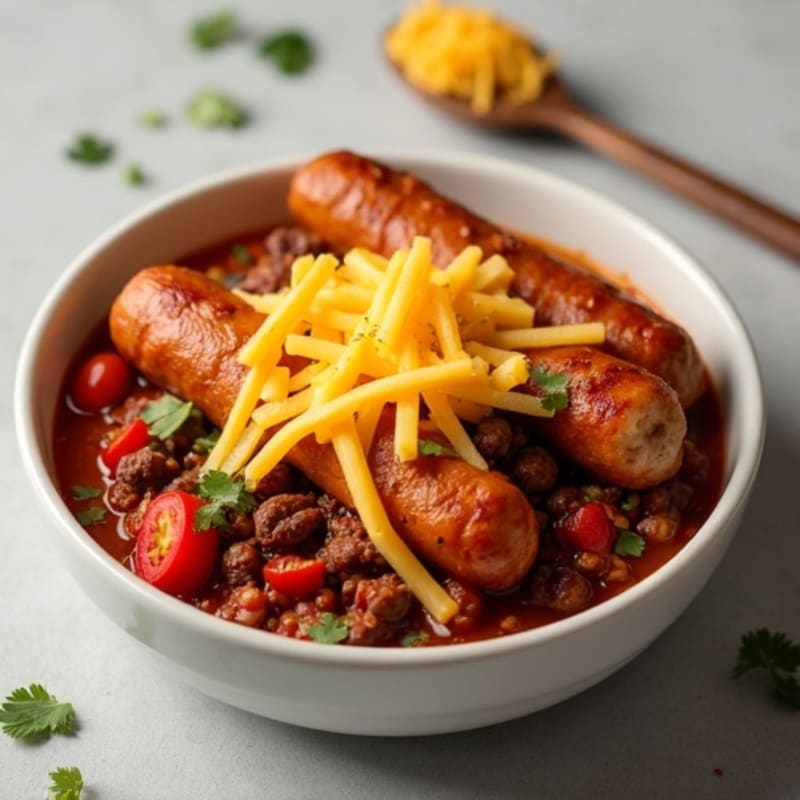 Crispy Turkey Sausage with Hearty Beef and Bean Chili and Melty Cheddar