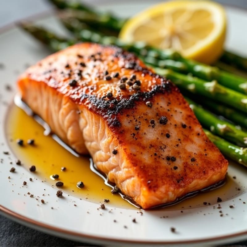 Seared Salmon with Roasted Sweet Potatoes and Asparagus