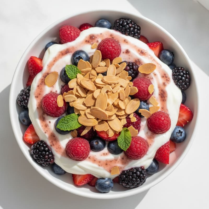 Greek Yogurt Protein Parfait with Mixed Berries and Almonds