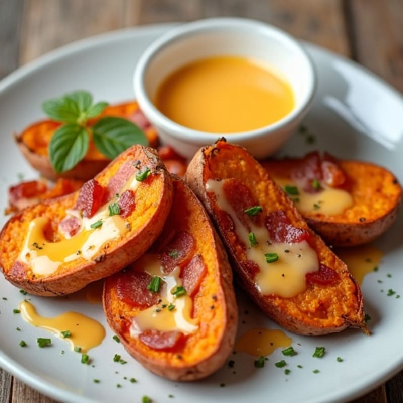 Crispy Roasted Sweet Potato Wedges with Smoky Turkey Bacon and Creamy Cheesy Sauce