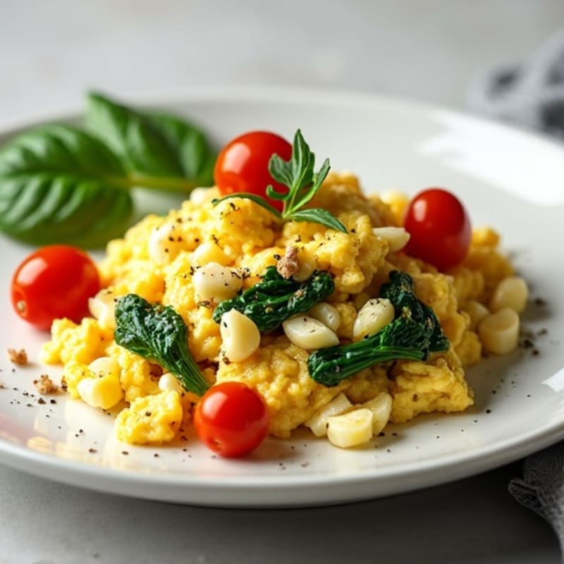 Cottage Cheese Egg White Scramble with Sautéed Spinach and Cherry Tomatoes