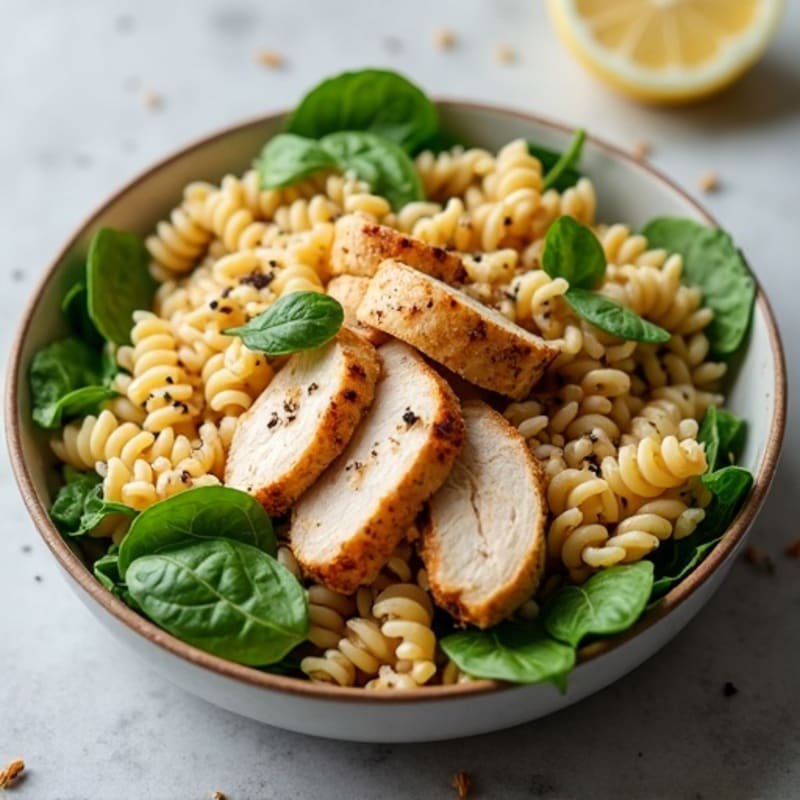 Grilled Chicken Pasta Salad with Spinach and Lemon-Tahini Dressing