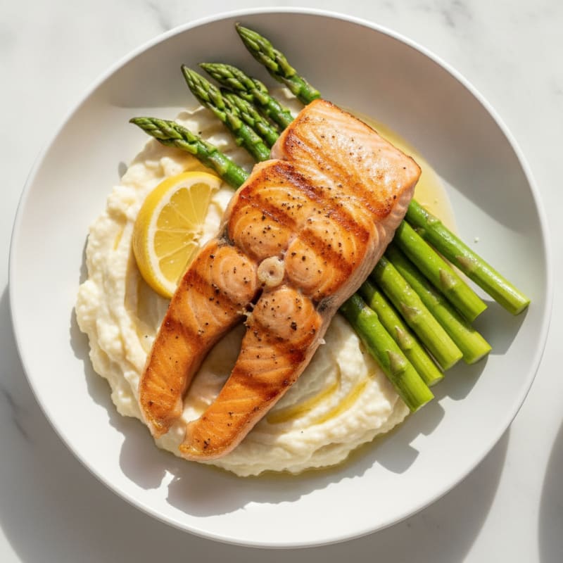 Seared Salmon with Steamed Asparagus and Garlic Cauliflower Mash