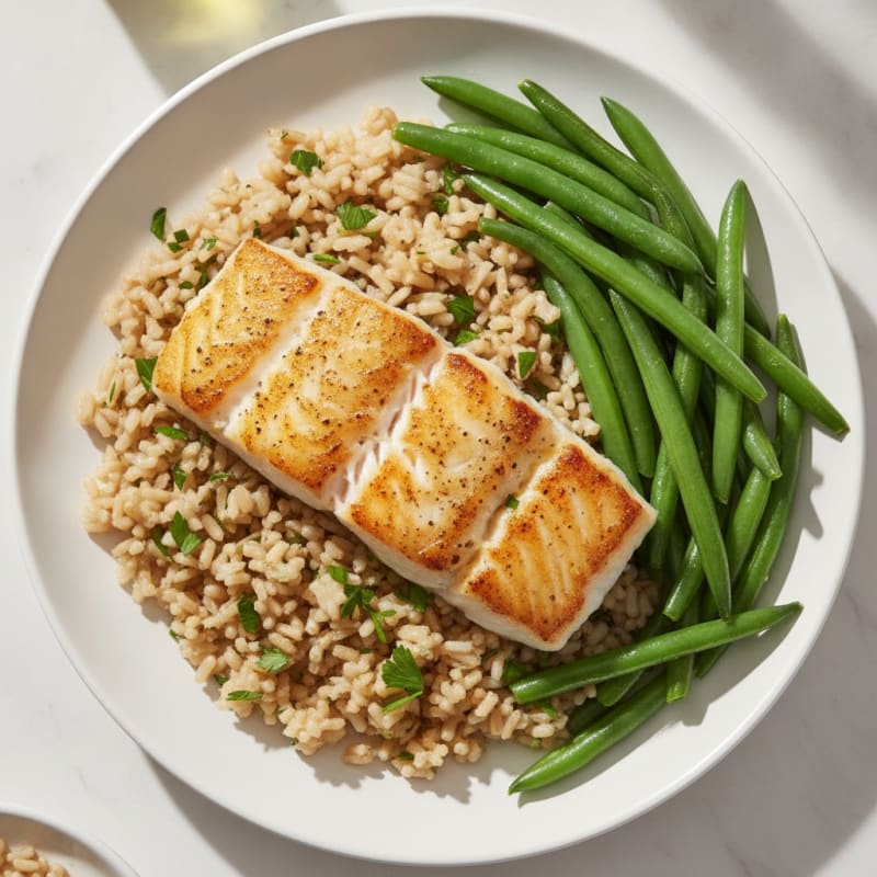 Seared Cod with Steamed Green Beans and Herbed Rice