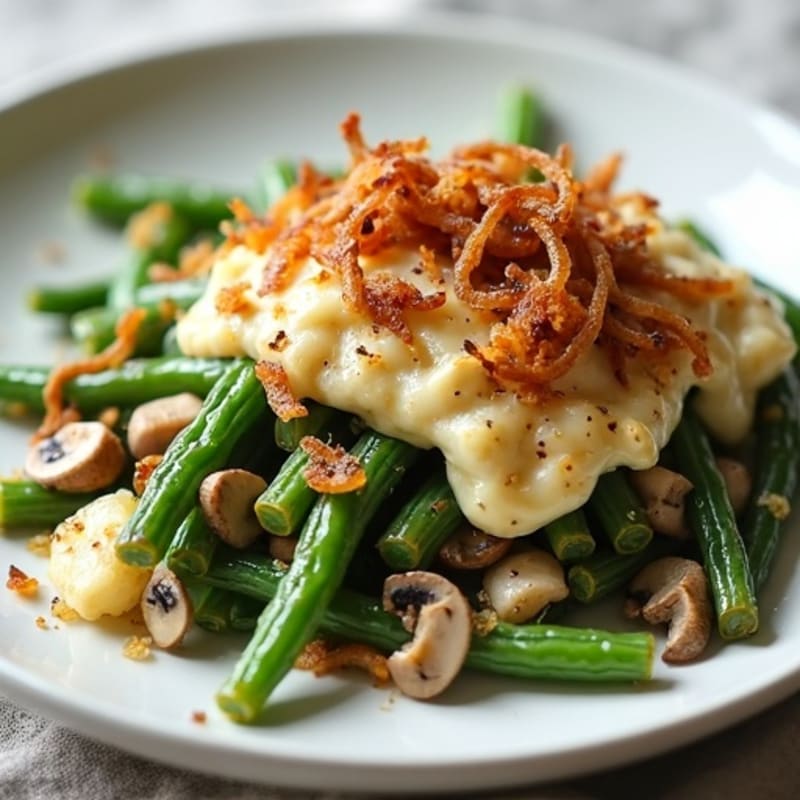 Roasted Green Bean and Mushroom Creamy Bake with Crispy Onions