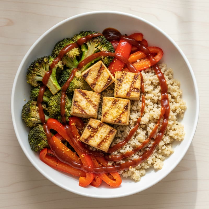 Grilled Tofu and Quinoa Bowl with Roasted Vegetables and Barbecue Sauce