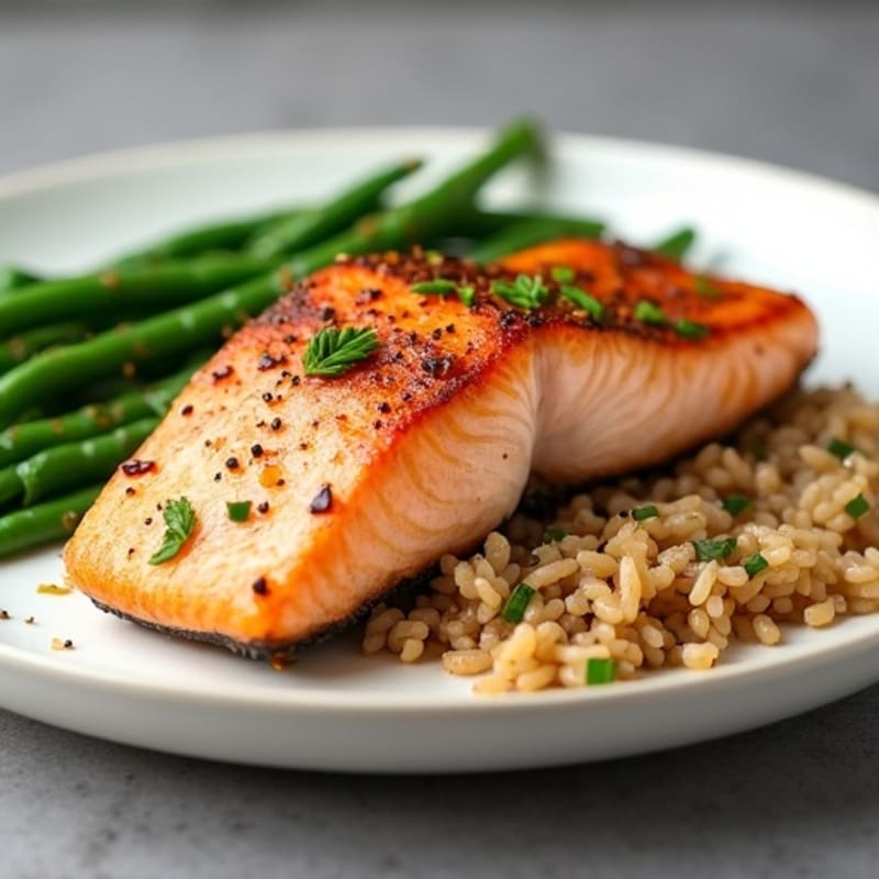 Seared Salmon with Garlic Green Beans and Brown Rice