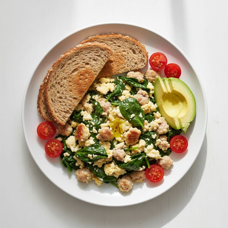 Egg White and Turkey Sausage Scramble with Sautéed Spinach