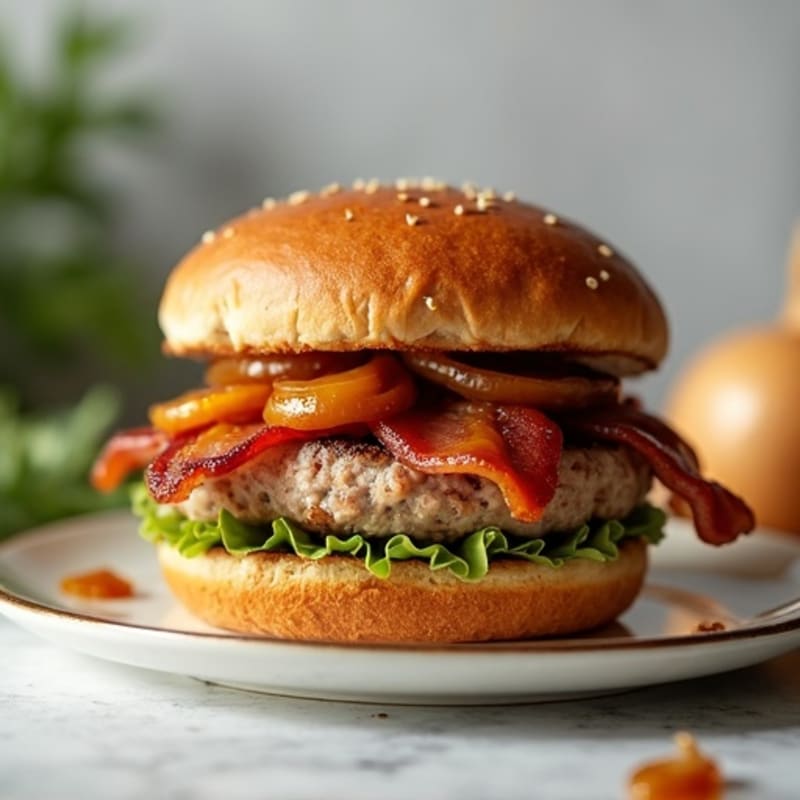 Lean Turkey Bacon Burger with Caramelized Onions