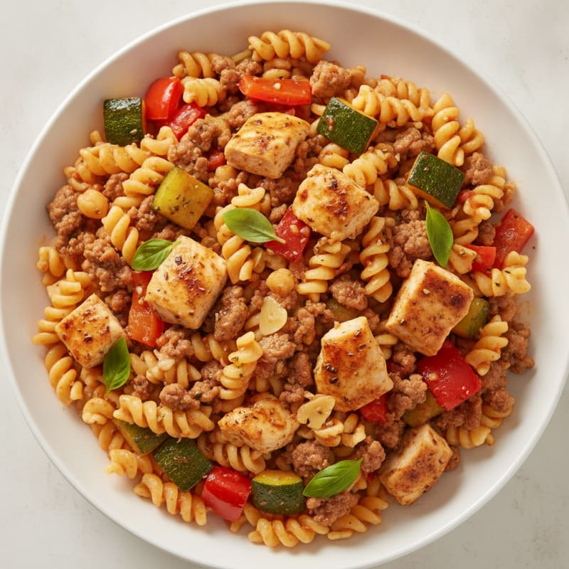 Chicken and Beef Protein Pasta with Roasted Vegetables