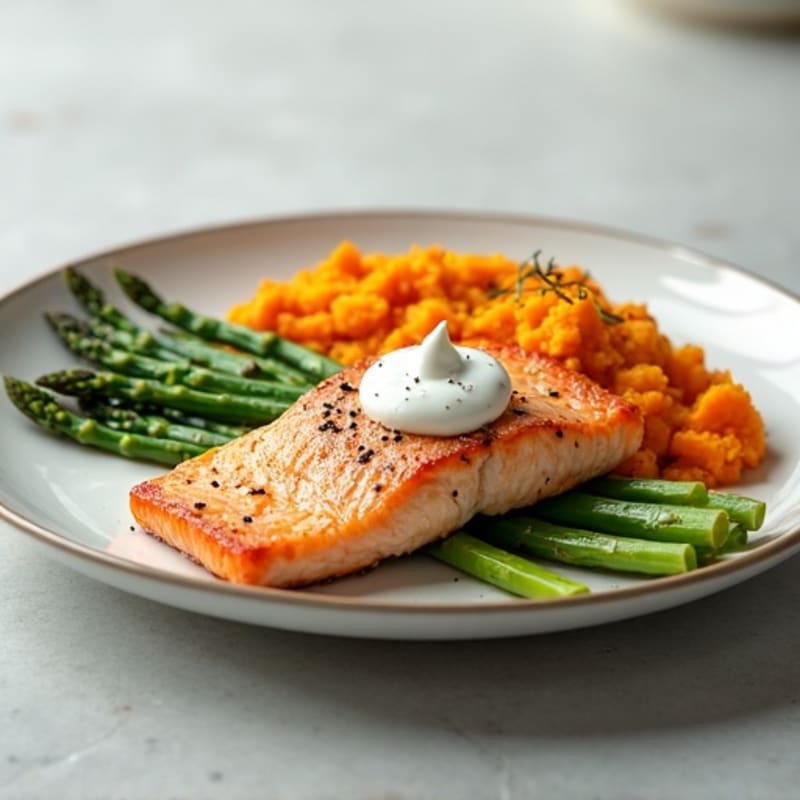 Seared Salmon Fillet with Steamed Asparagus and Sweet Potato Mash