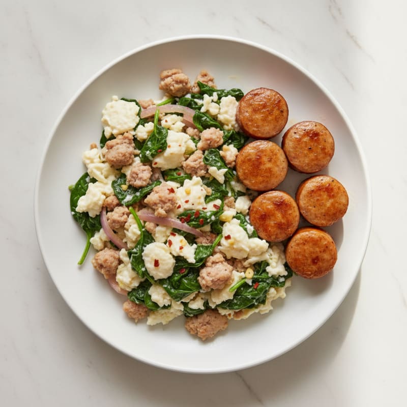 Egg White Scramble with Turkey Sausage and Sautéed Spinach
