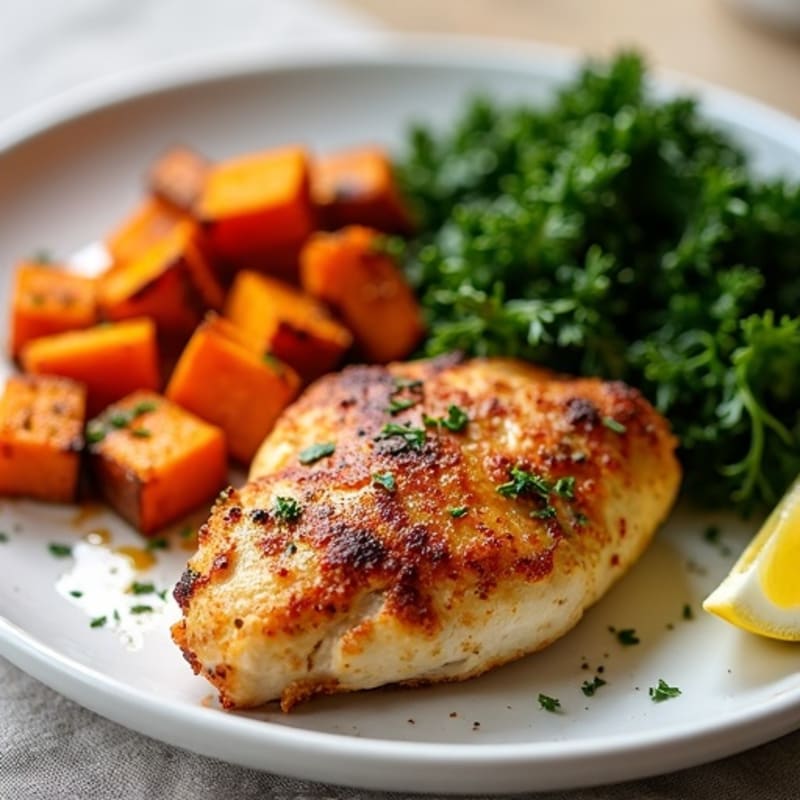 Crispy Pan-Seared Chicken with Roasted Sweet Potatoes and Garlicky Greens