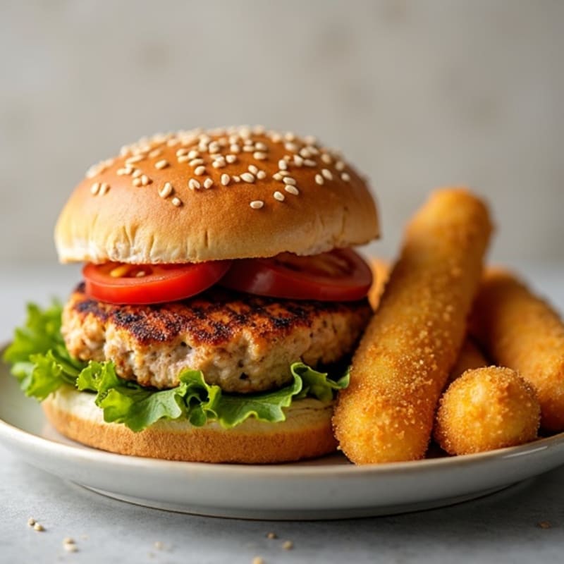 Lean Turkey Burger with Crispy Baked Mozzarella Sticks