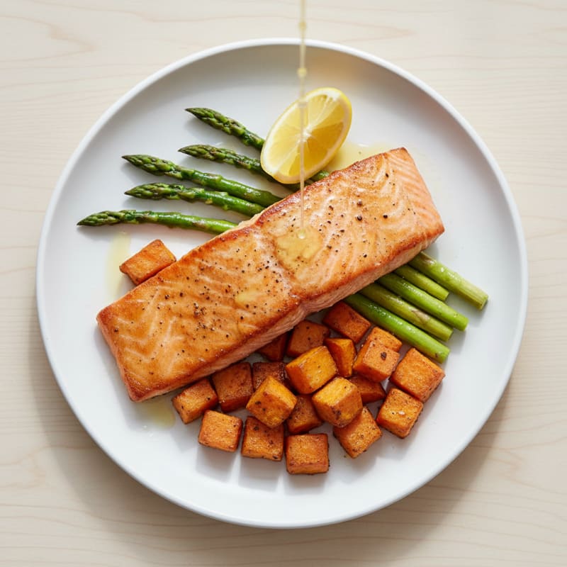 Seared Salmon Fillet with Roasted Sweet Potatoes and Asparagus