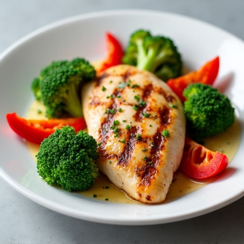 Grilled Chicken Breast with Steamed Broccoli and Roasted Red Peppers