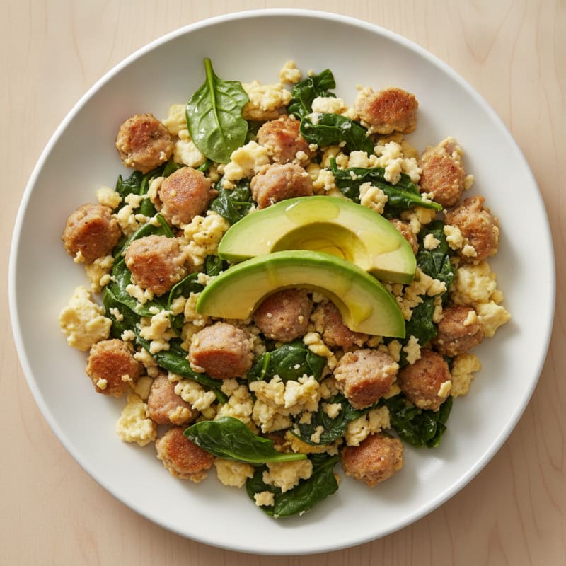 Crispy Egg White and Turkey Sausage Scramble with Spinach