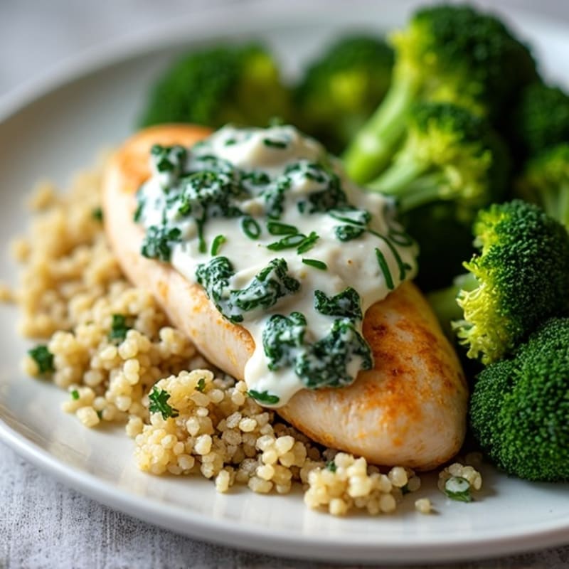 Sheet Pan Creamy Spinach Artichoke Chicken with Roasted Broccoli