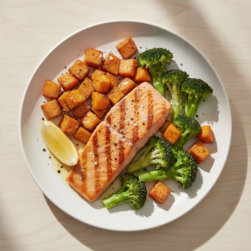 Seared Salmon with Roasted Sweet Potatoes and Steamed Broccoli