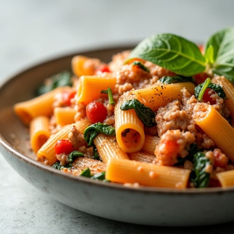 Creamy Lean Ground Turkey Baked Ziti with Spinach