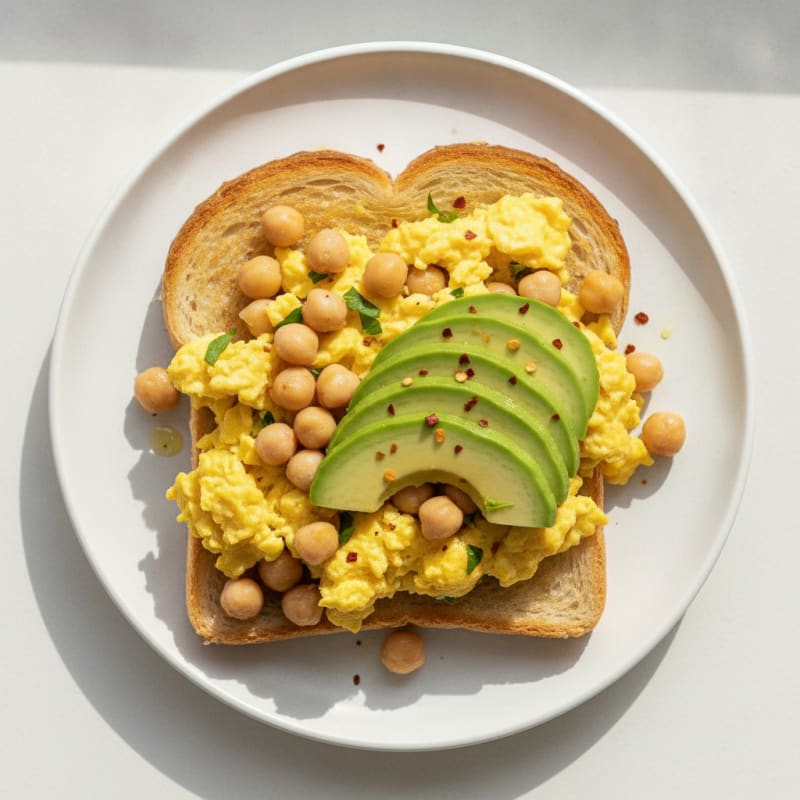 Scrambled Egg and Chickpea Toast on Schar Bread with Avocado Slices