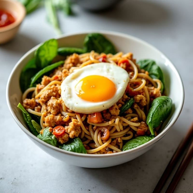 Spicy Peanut Lean Ground Pork Noodles with Fresh Greens