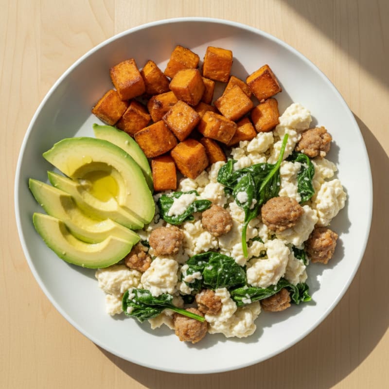 Egg White Scramble with Turkey Sausage and Spinach