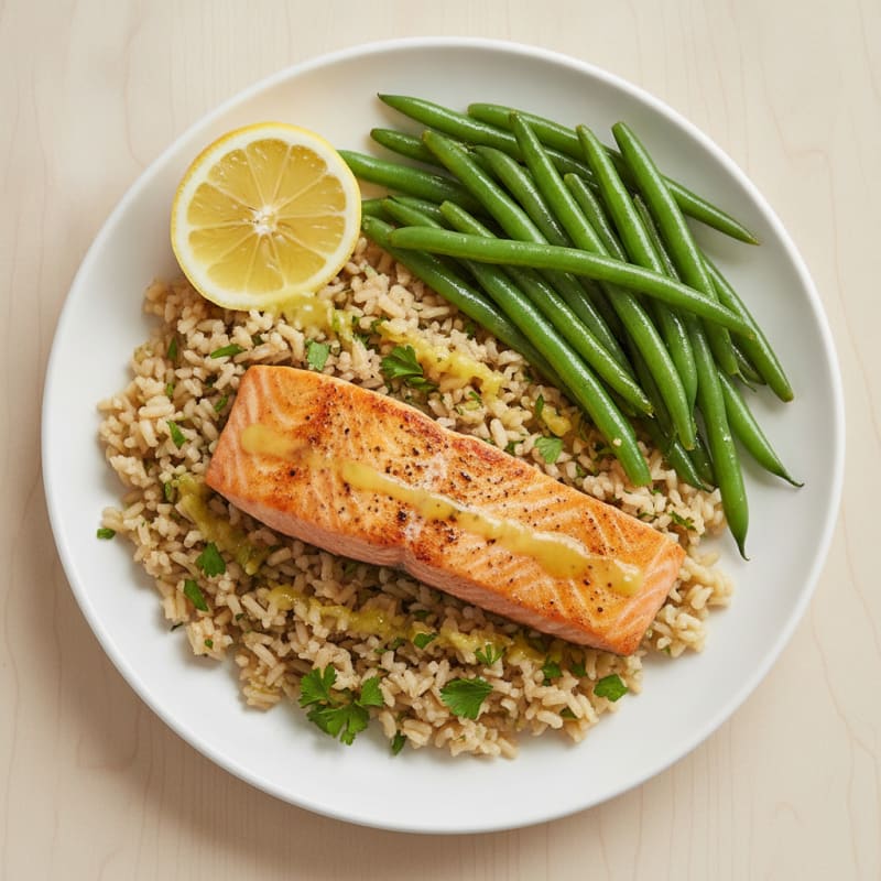 Seared Salmon with Steamed Green Beans and Herbed Brown Rice