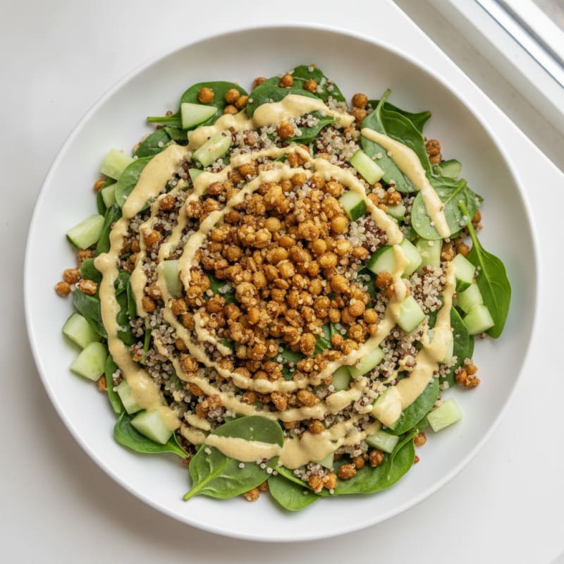 Crispy Lentil and Quinoa Power Salad with Lemon Tahini Dressing