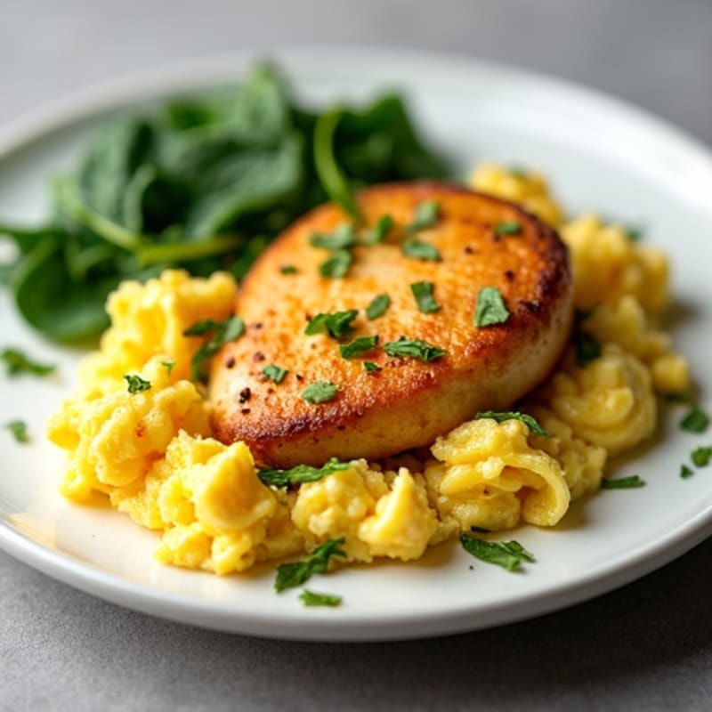 Scrambled Eggs with Sautéed Chicken and Spinach