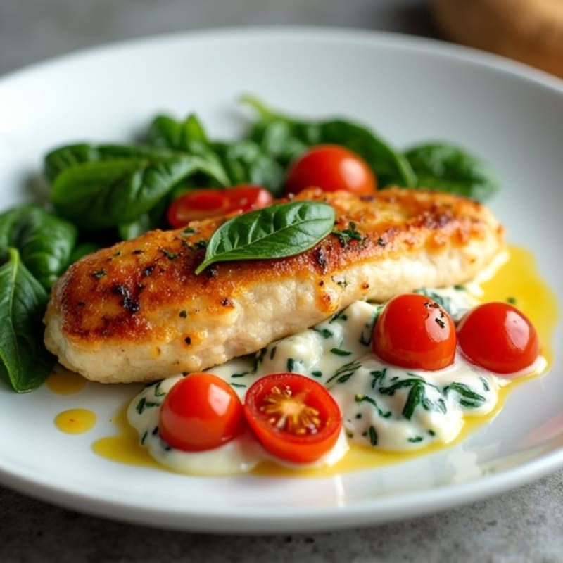 Pan-Seared Chicken with Creamy Spinach Tortelloni and Blistered Tomatoes