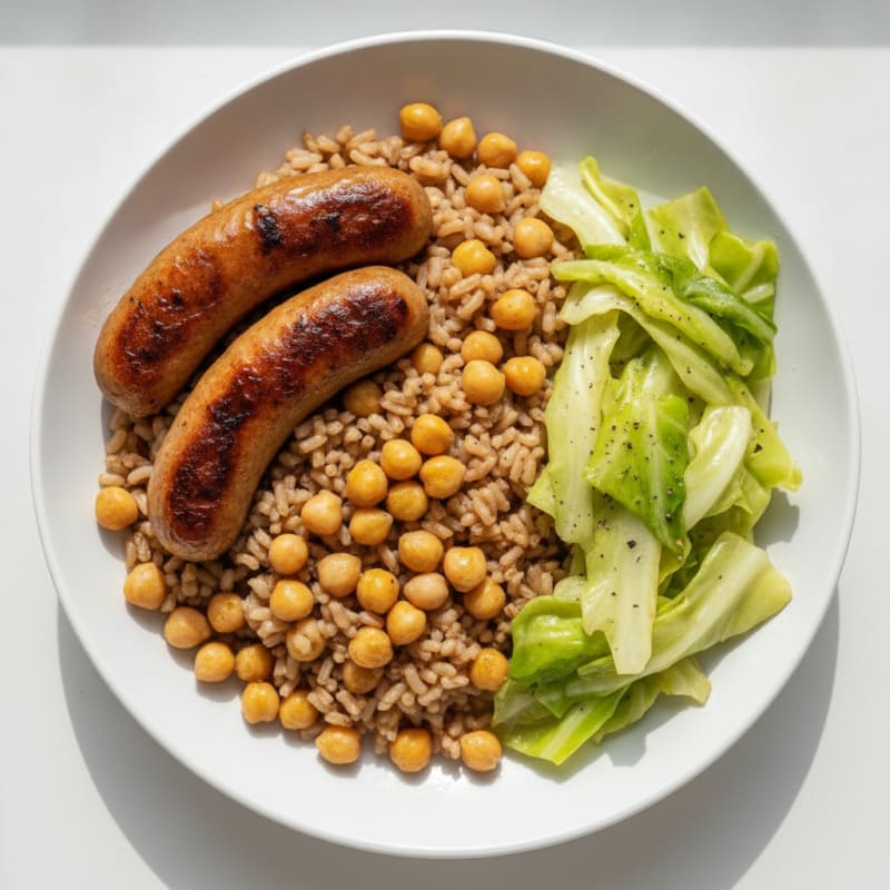Grilled Veggie Sausage with Rice and Sautéed Cabbage