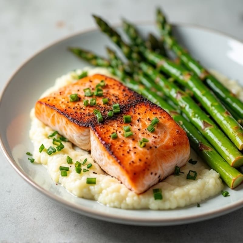 Seared Salmon with Steamed Asparagus and Cauliflower Mash