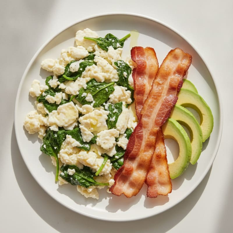 Crispy Turkey Bacon and Egg White Scramble with Sautéed Spinach