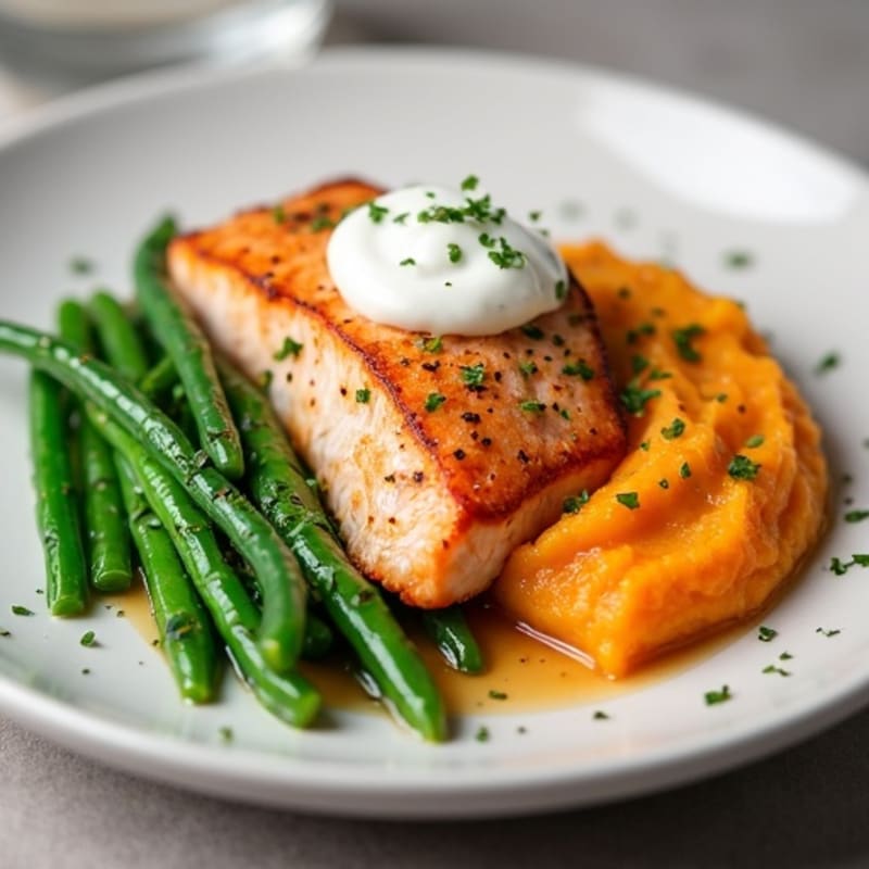 Seared Salmon with Steamed Green Beans and Mashed Sweet Potatoes